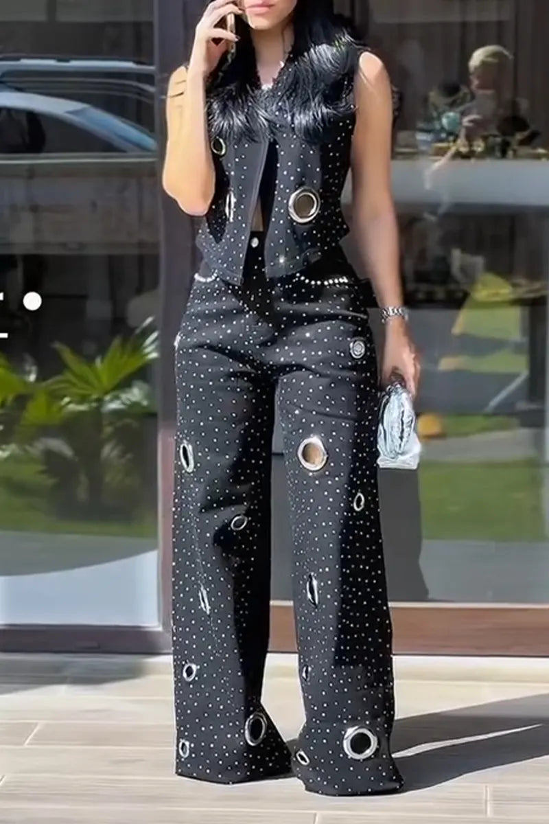 Women Casual Rhinestone Cutout Denim Vest or Wide-leg Jeans