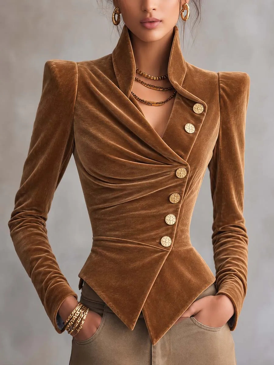 Caramel Brown Velvet Structured-Shoulder Jacket with Asymmetrical Button Front