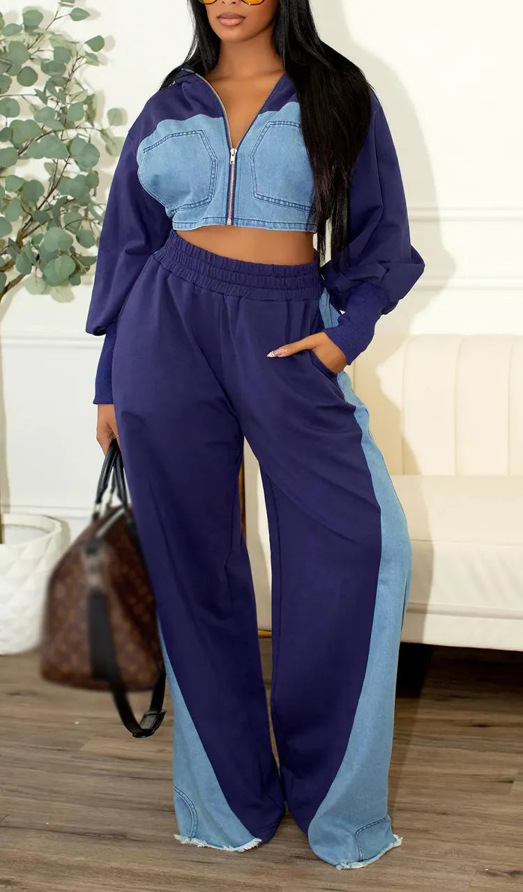 Women Collared Patchwork Denim Casual Suit