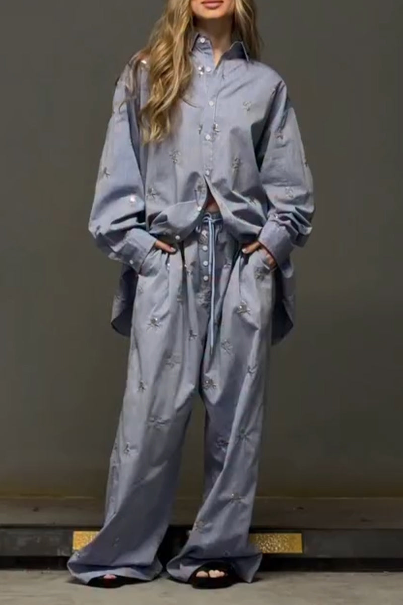 Women Collar Embroidered Flower Shirt+ Wide Leg Pants Casual Set