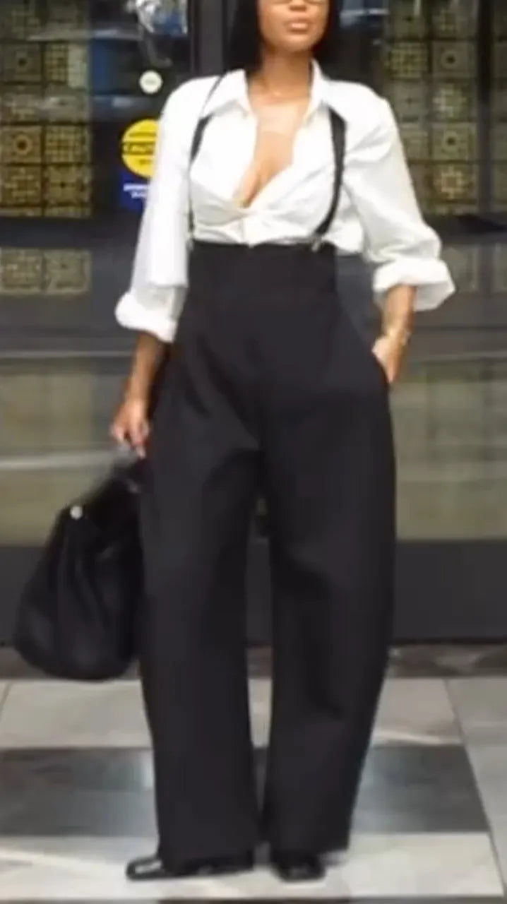 Women Laple Collar Shirt+ Overalls Casual Set