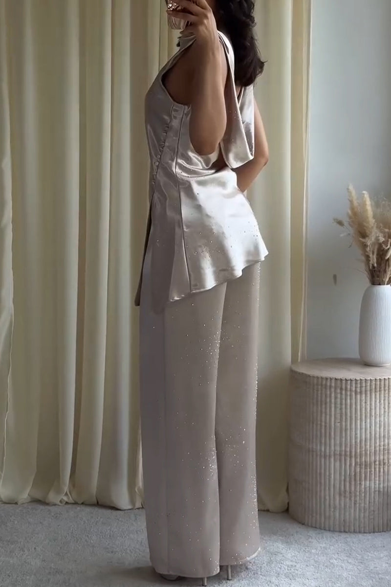 Women's Elegant Satin Rhinestone Vest Pants Set