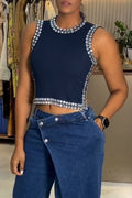Women's Neck Hanging Nail Drill Back Hollow Top or Spliced Jeans