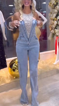Women Round Neck Rhinestone Spliced Casual Denim Jumpsuit