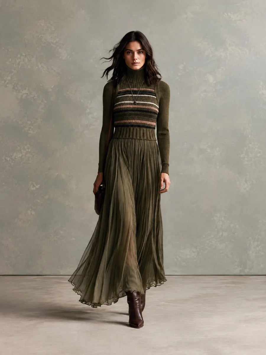 Boho Olive Green Turtleneck Striped Knit Paneled Pleated Chiffon Maxi Dress