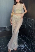 Women Round Neck Sequin See Through Top+ Pants Sexy Casual Suit