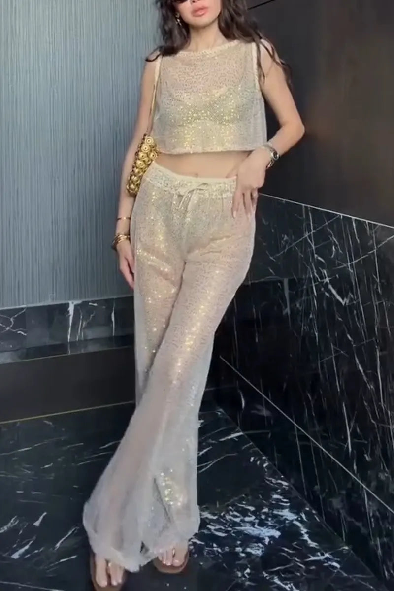 Women Round Neck Sequin See Through Top+ Pants Sexy Casual Suit