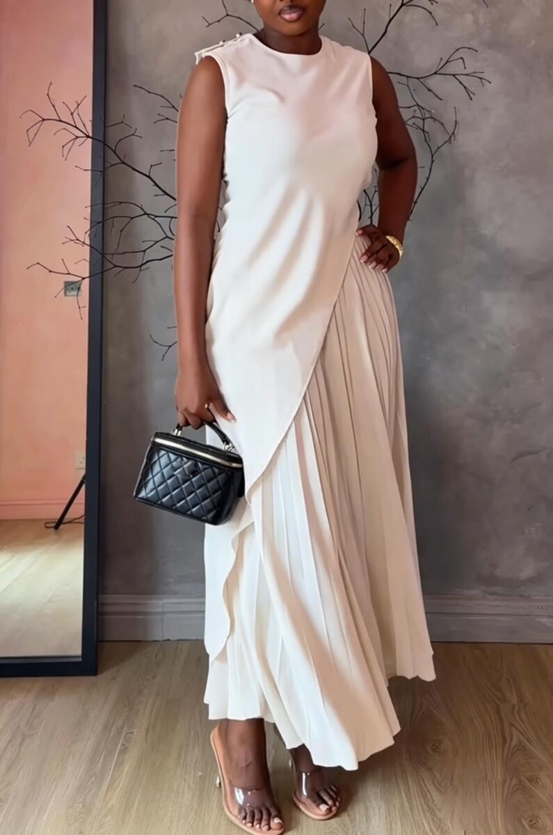 Women's Round Neck Irregular Long Top+ Pleated Skirt Elegant Casual Set