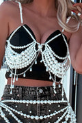 Women's Casual Pearl Embellished Spaghetti Strap Top & Denim Mini Skirt