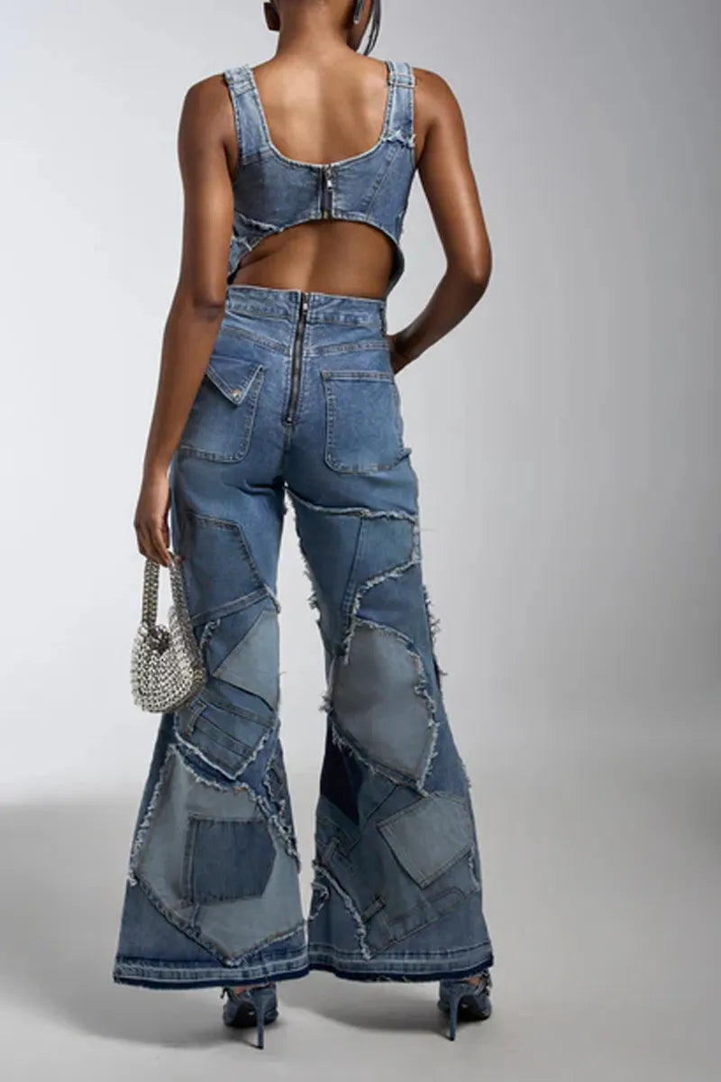Women's Comfortable Casual Denim Patchwork Jumpsuit