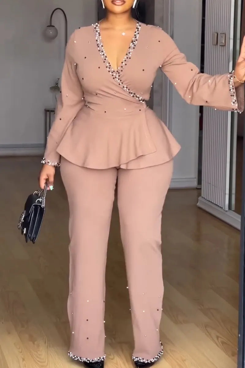 Women's Elegant V-Neck Beaded Flounce Shirts & Pants