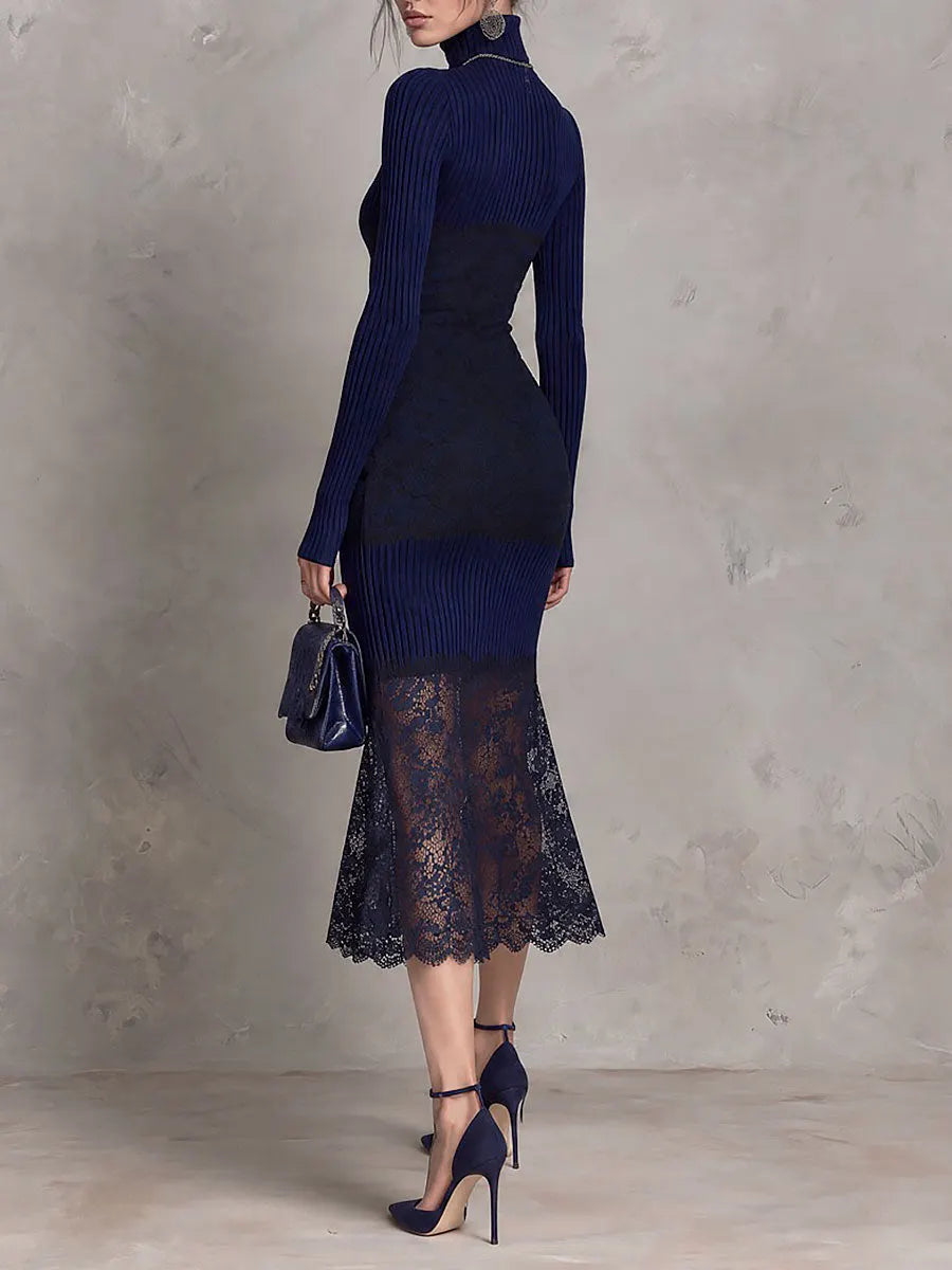 Navy Ribbed Knit Sheer Scalloped Lace Hem Turtleneck Midi Dress