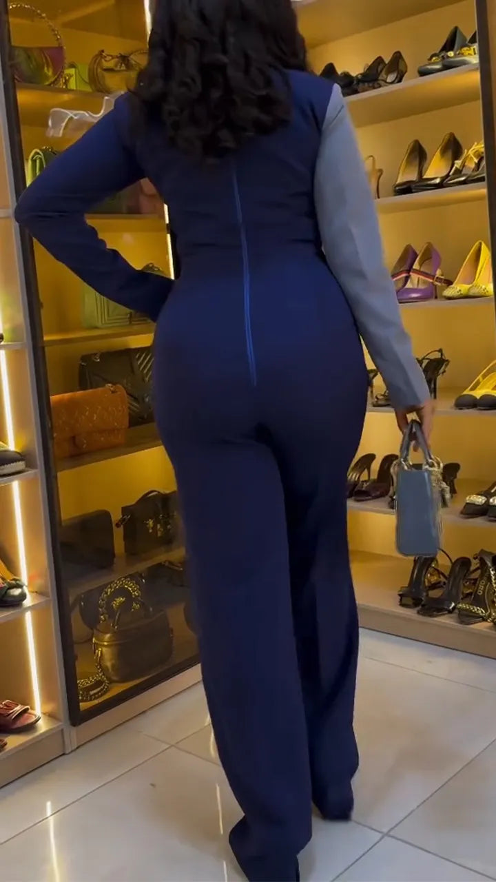Women Collar Contrasting Color Splicing Fake Two-piece Temperament Commuting Jumpsuit