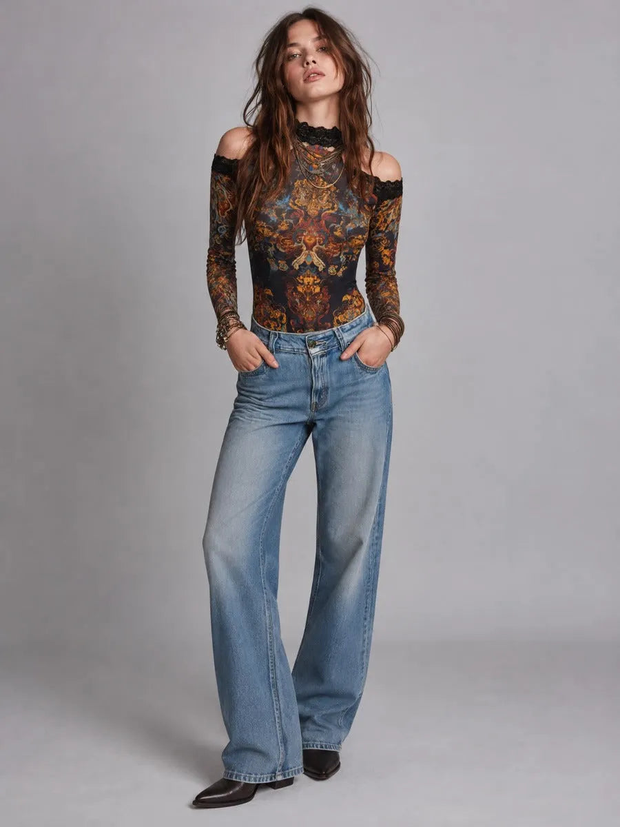 Women's Baroque Print Cold Shoulder Long Sleeve T-shirt