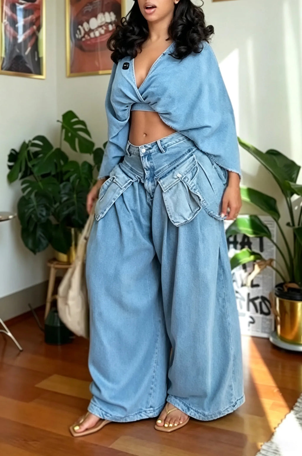 Women's Fashion Batwing Sleeve Short Denim Top or 3D Pocket Jeans