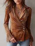 Asymmetric Wrap-front Lace Cuffs Velvet Blouse