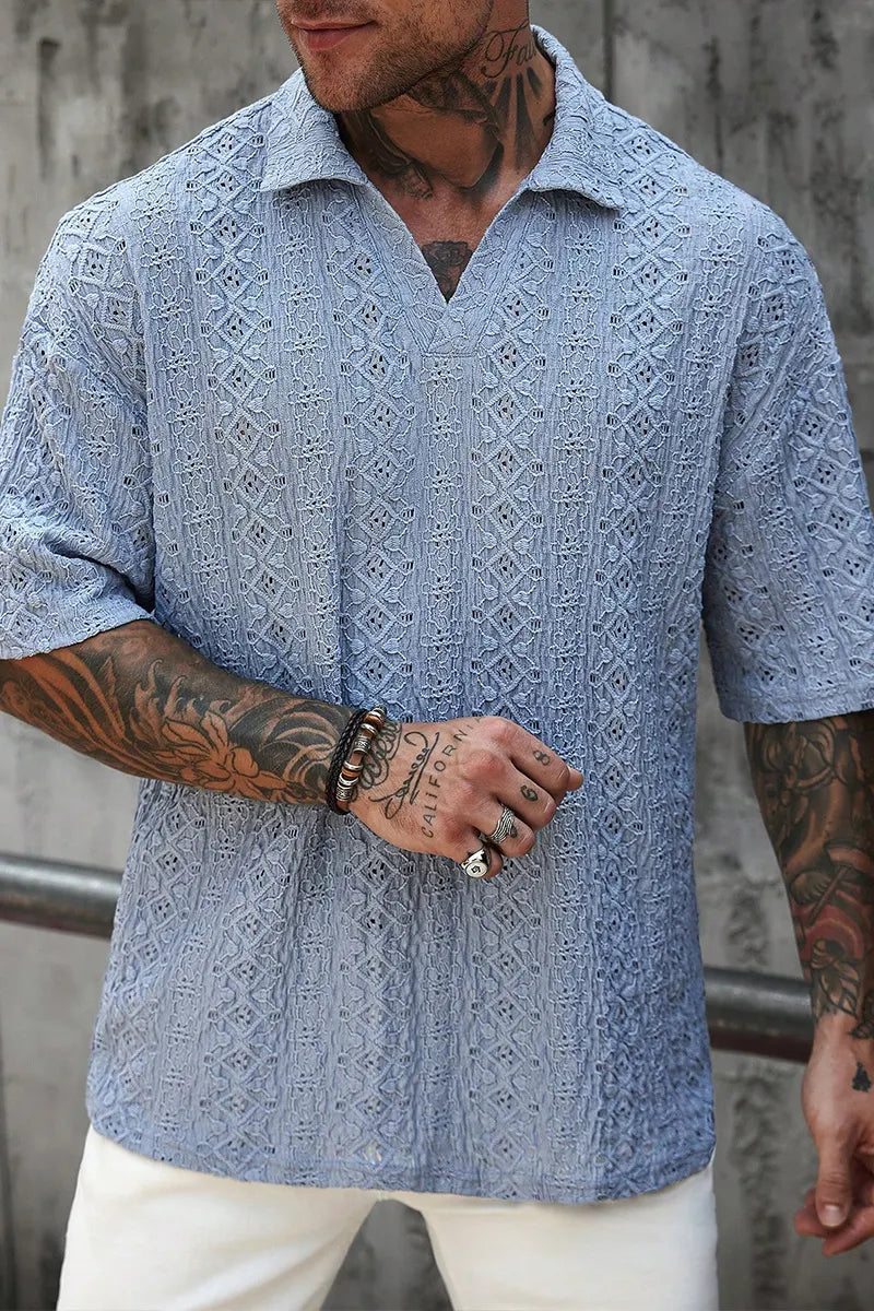 Men's Aqua Blue Summer Casual Vacation Knitted Mesh Texture Polo Shirt,Bohemian Crochet Jacquard V-Neck Short-Sleeve Loose Top For Beach Festivals