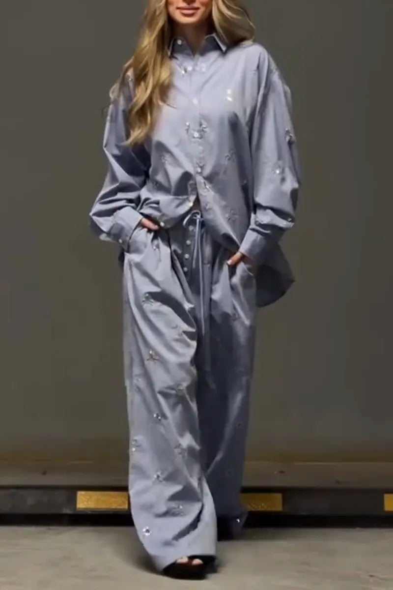 Women Collar Embroidered Flower Shirt+ Wide Leg Pants Casual Set
