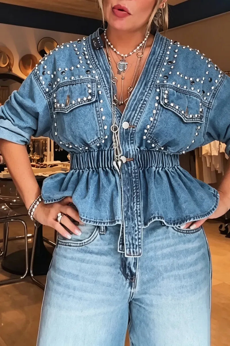 Women's Fashion Rivet Decoration Waist Cinching Denim Jacket