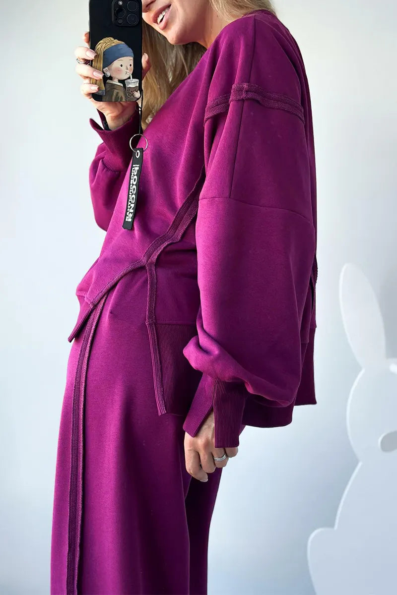 Women Round Neck Spliced Sweatshirt + Drawstring Pants Casual Set
