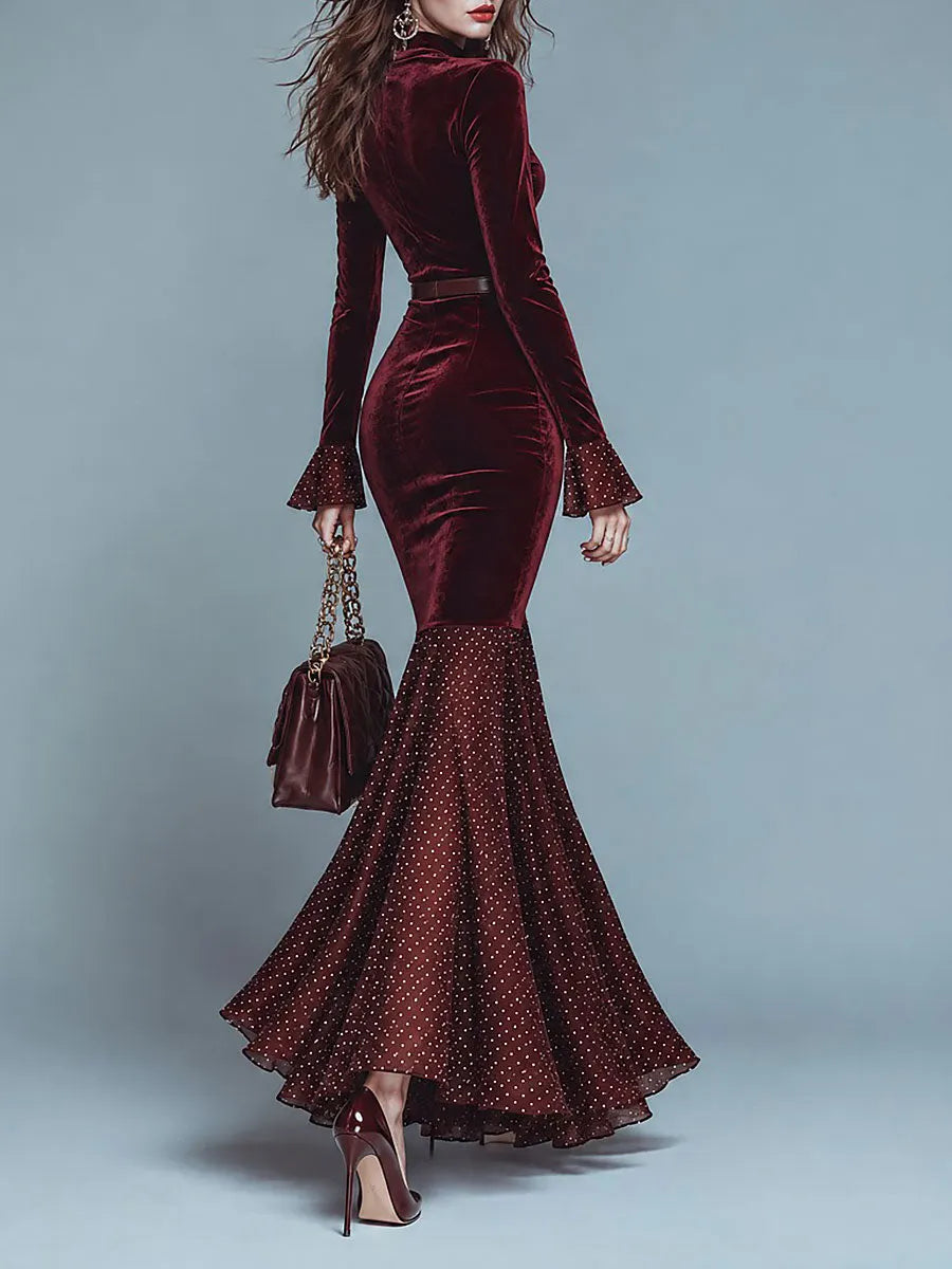 Elegant Burgundy Velvet Mermaid Maxi Dress with Polka Dot Flounce Hem