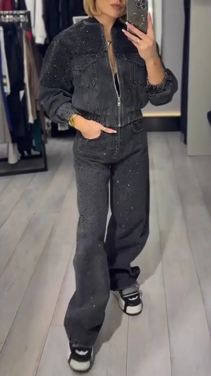 Women Round Neck Rhinestone Jacket+ Pants Casual Denim Suit