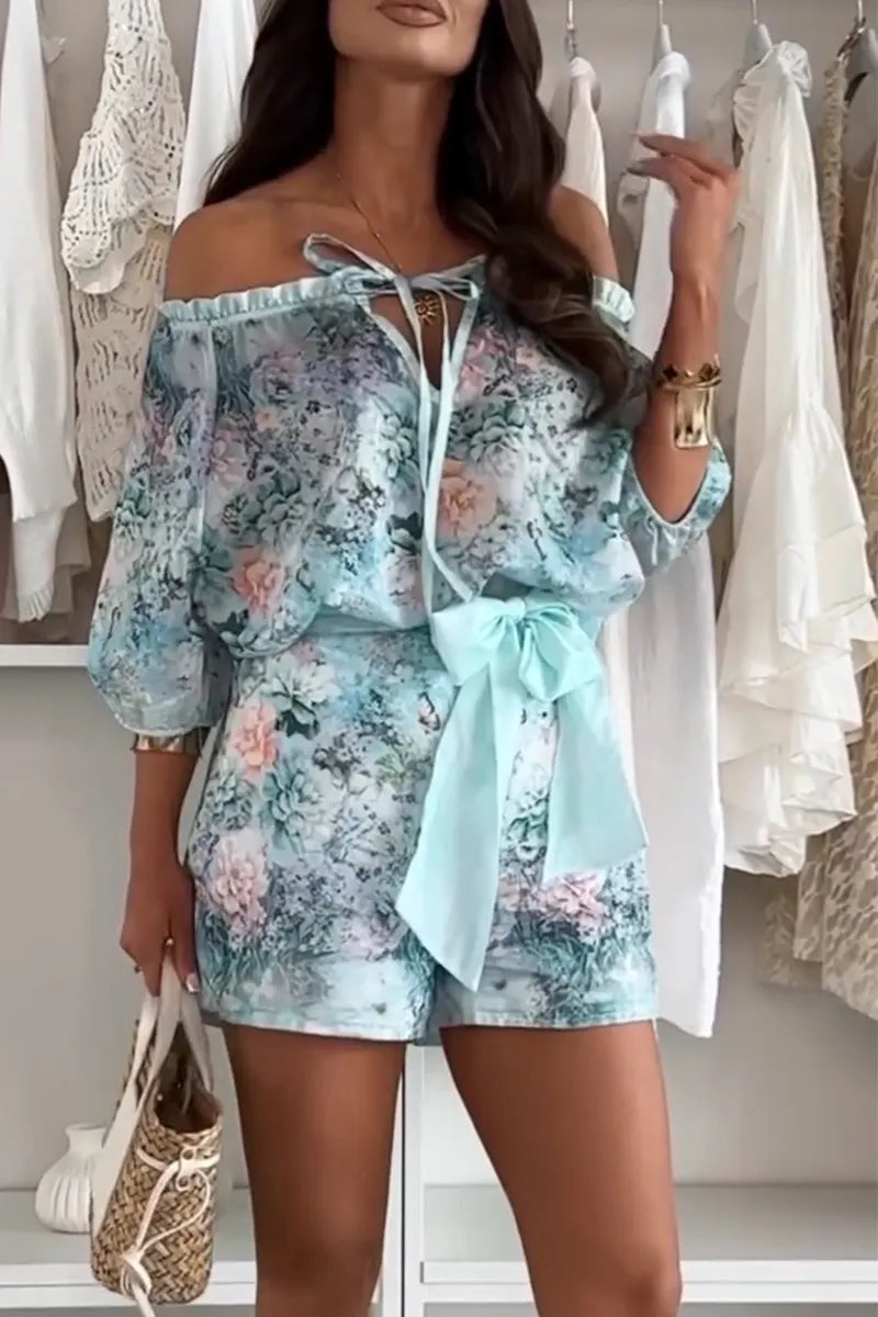 Women One Collar Printed Top + Shorts Elegant Casual Suit