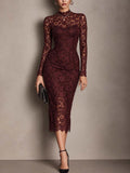Burgundy Floral Lace Mock Neck Long Sleeve Bodycon Midi Dress with Scalloped Hem