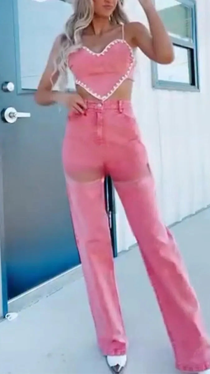 Women Suspender Heart-shaped Top+ Pants Sexy Casual Suit