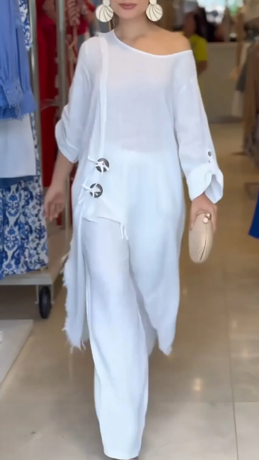 Ladies' Slanted Collar Irregular Long Top+pants Casual Loose Suit