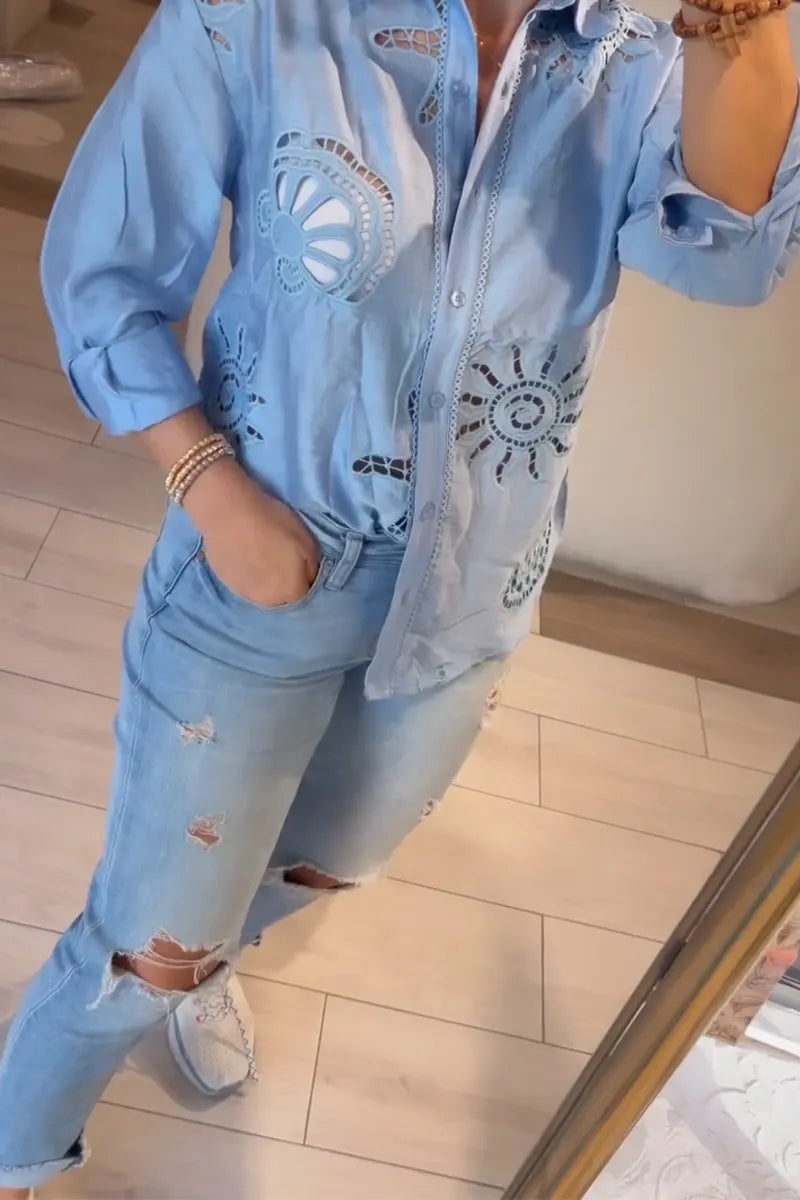 Women Collar Pattern Hollowed Out Shirt or Washed Ripped Jeans