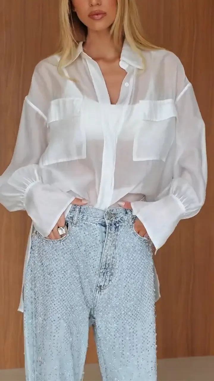 Women Collar See Through Shirt+ Rhinestone Jeans Casual Set