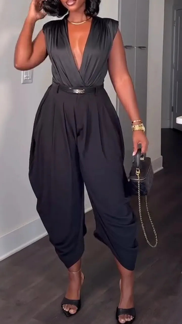 Women Deep V-neck Top + Pants Casual Outfit with Temperament