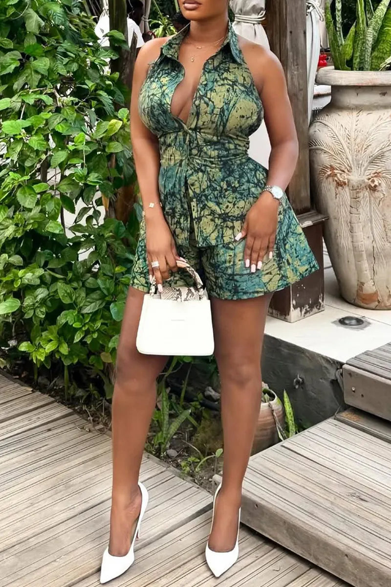 Women Printed Collar Top + Shorts Casual Set