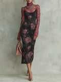 Elegant Lace Base Layer & Screen-Printed Slim-Fit Camisole Midi Dress Set
