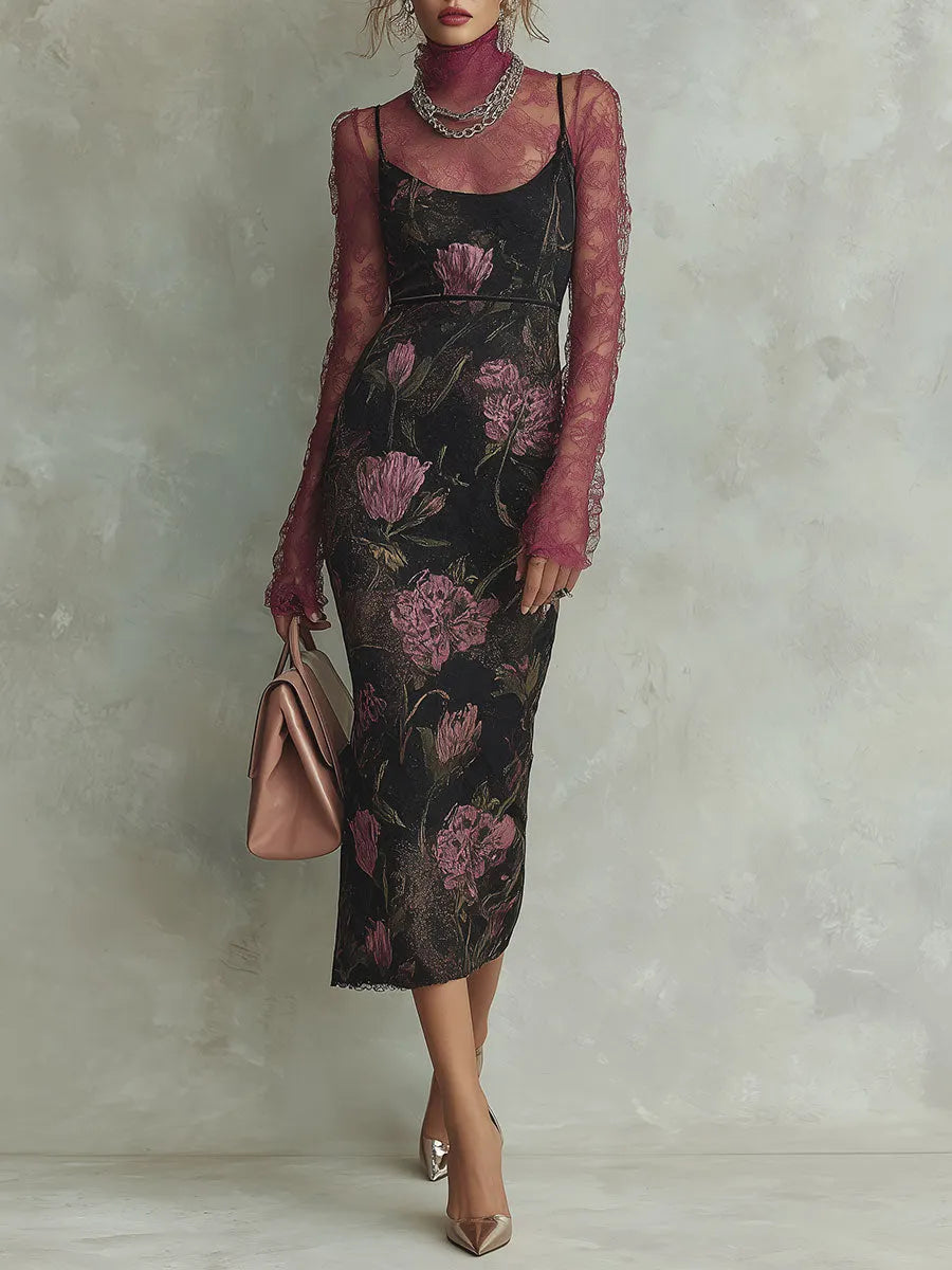 Elegant Lace Base Layer & Screen-Printed Slim-Fit Camisole Midi Dress Set