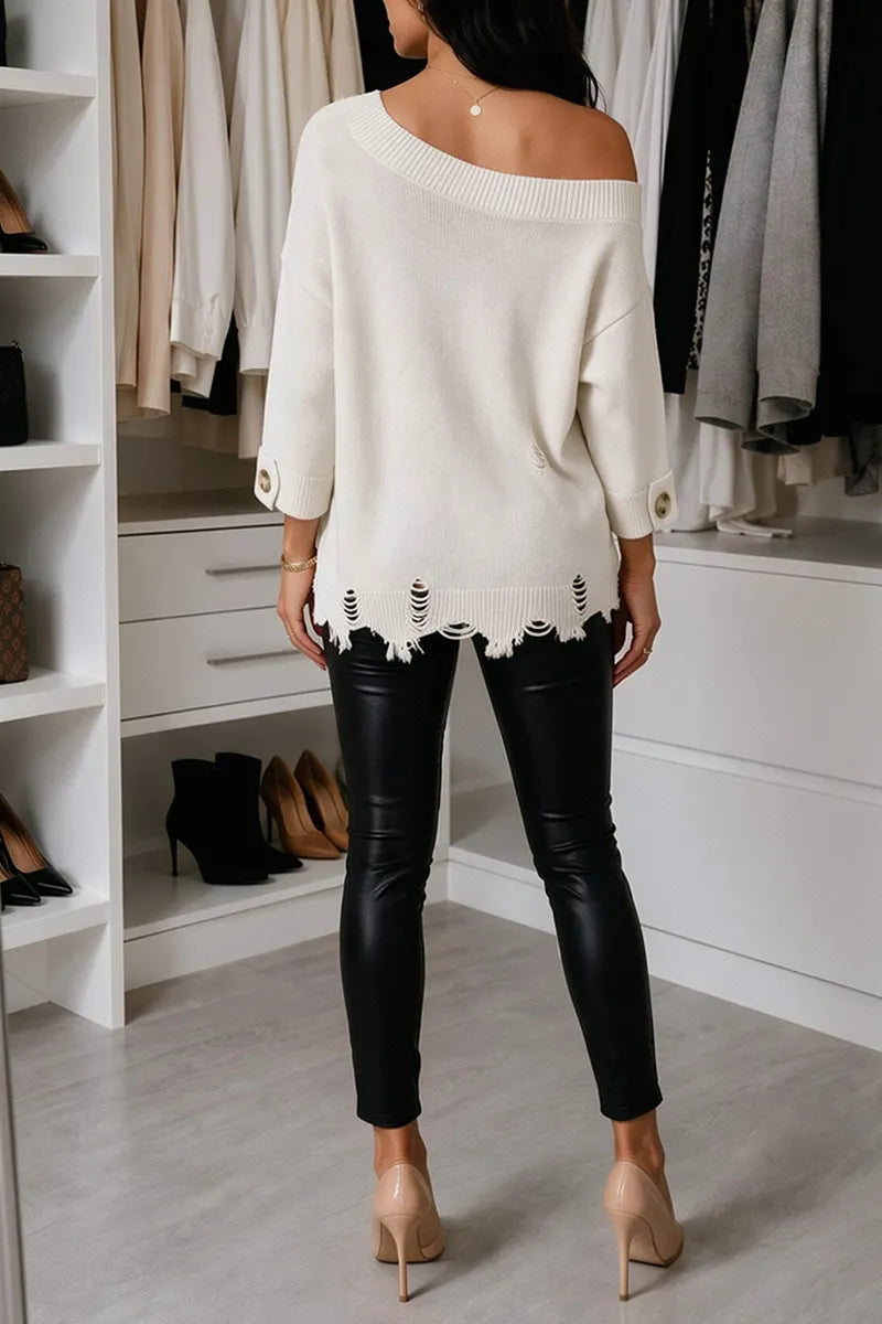 Women's Relaxed Off-Shoulder Knit Distressed Frayed Hem Long Sleeve Solid Ivory Top