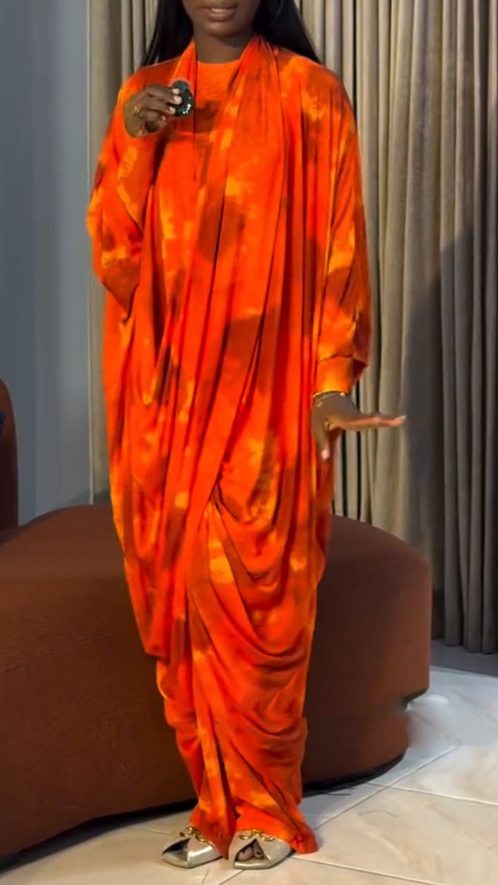 Women Round Neck Tie Dye Dress + Cover-up Casual Set
