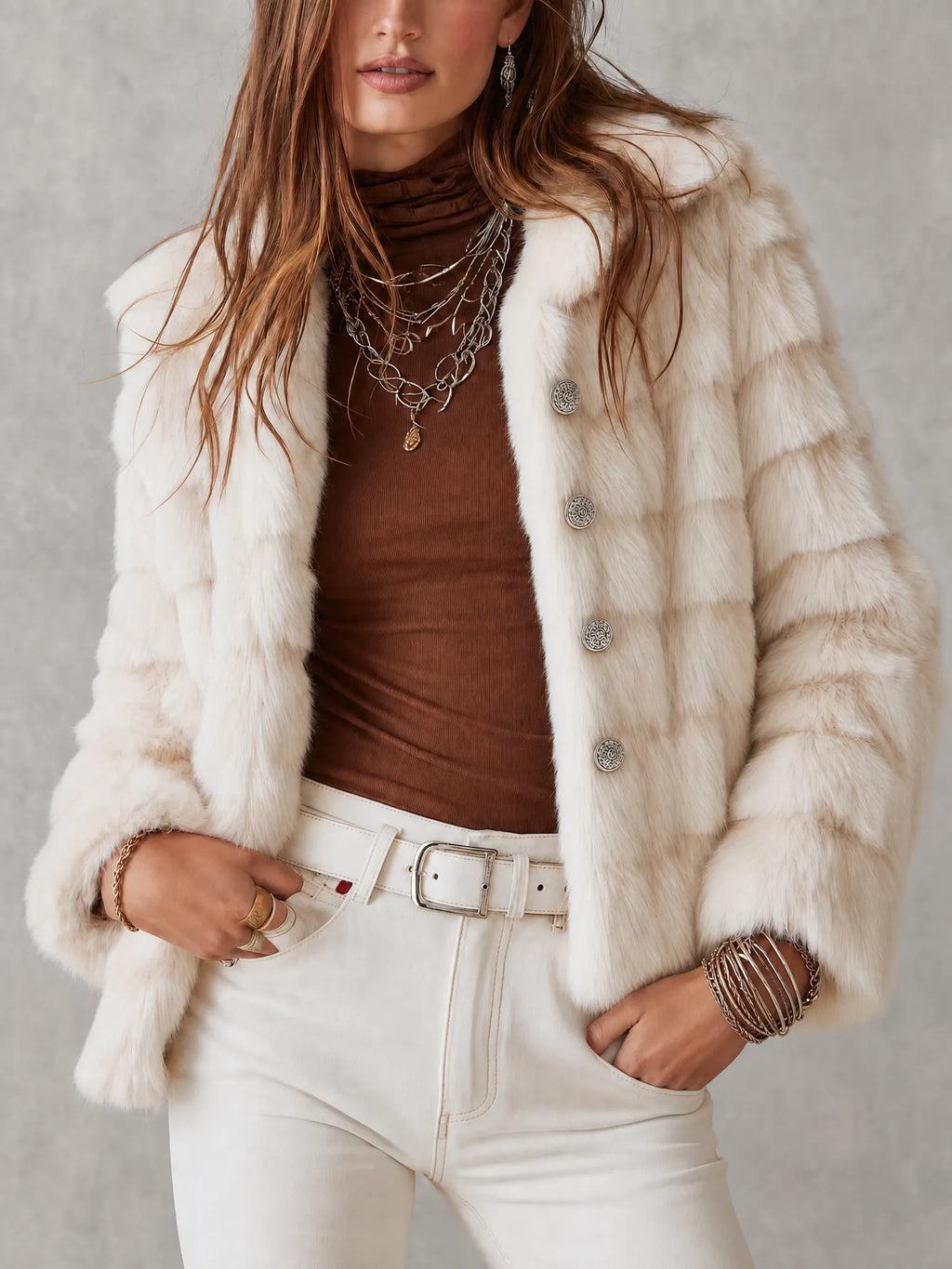Vintage Lapel Collar And Silver Buttons Faux Fur Plush Winter Jacket
