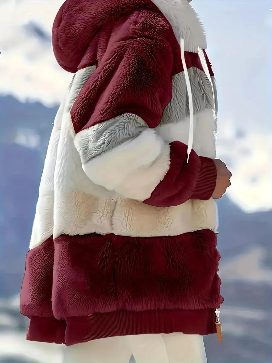 Women's Hooded Contrasting Color Casual Plush Coat