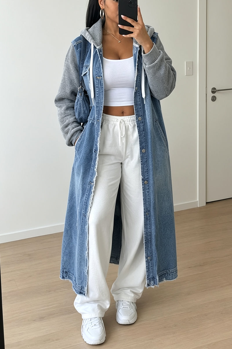 Women's Chic Hooded Spliced Frayed Trim Long Blue Denim Coat