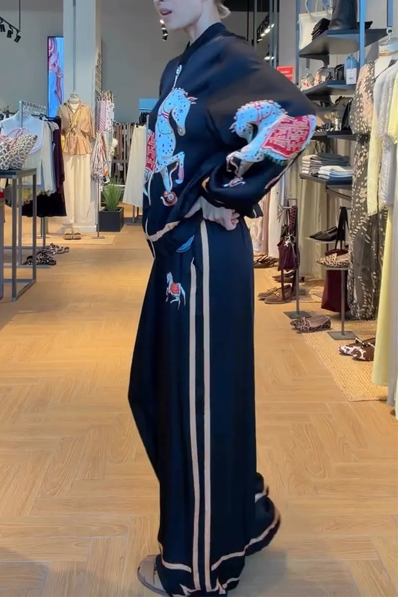 Women Round Neck Pony Print Jacket + Wide Leg Pants Casual Set