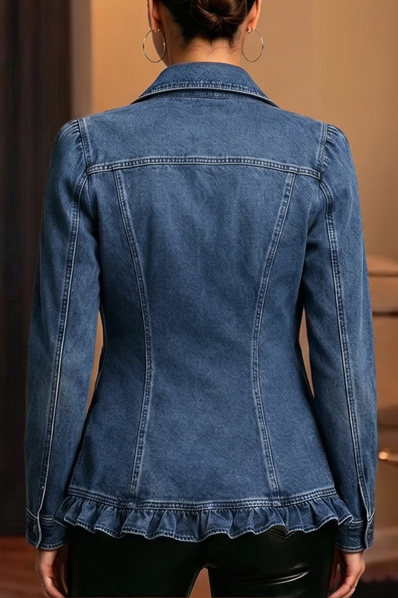 Women's Casual Ruffle Front Decoration Denim Jacket