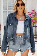 Casual Fringed Cropped Washed Denim Jacket