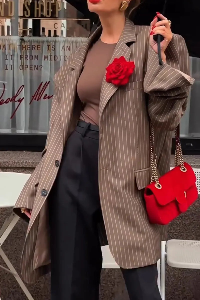 Women's Lapel Oversized Stripe Blazer with Flower