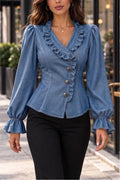 Women's Denim Peplum Top Ruffle V Neck Long Sleeve Button Down Shirt Slim Fit Jean Blouse Elegant Fall Work Office Casual Tops