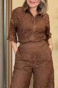 Women Lapel Patterned Hollow Top or Wide Leg Pants