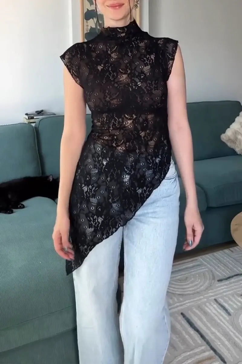 Women's Casual Asymmetric Hem Lace Slim Vest