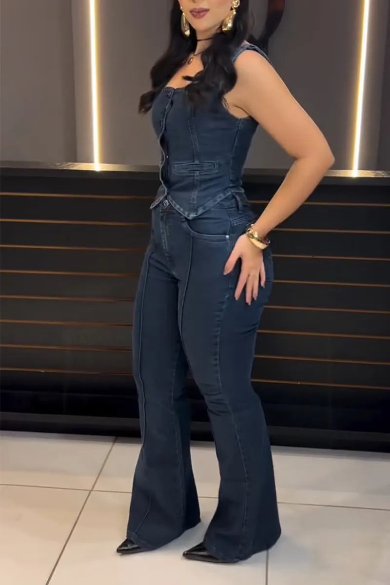 Women Square Neck Buckle Spliced Denim Top or Jeans