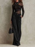 Asymmetrical Mesh Paneling Lace Top & High-Waisted Front Pleats Corduroy Wide-Leg Pants Set